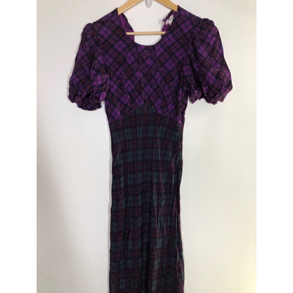 RAHI Cher Dress Short Puff Sleeve Keyhole Maxi Purple Green Mixed Plaid Medium - Picture 11 of 15